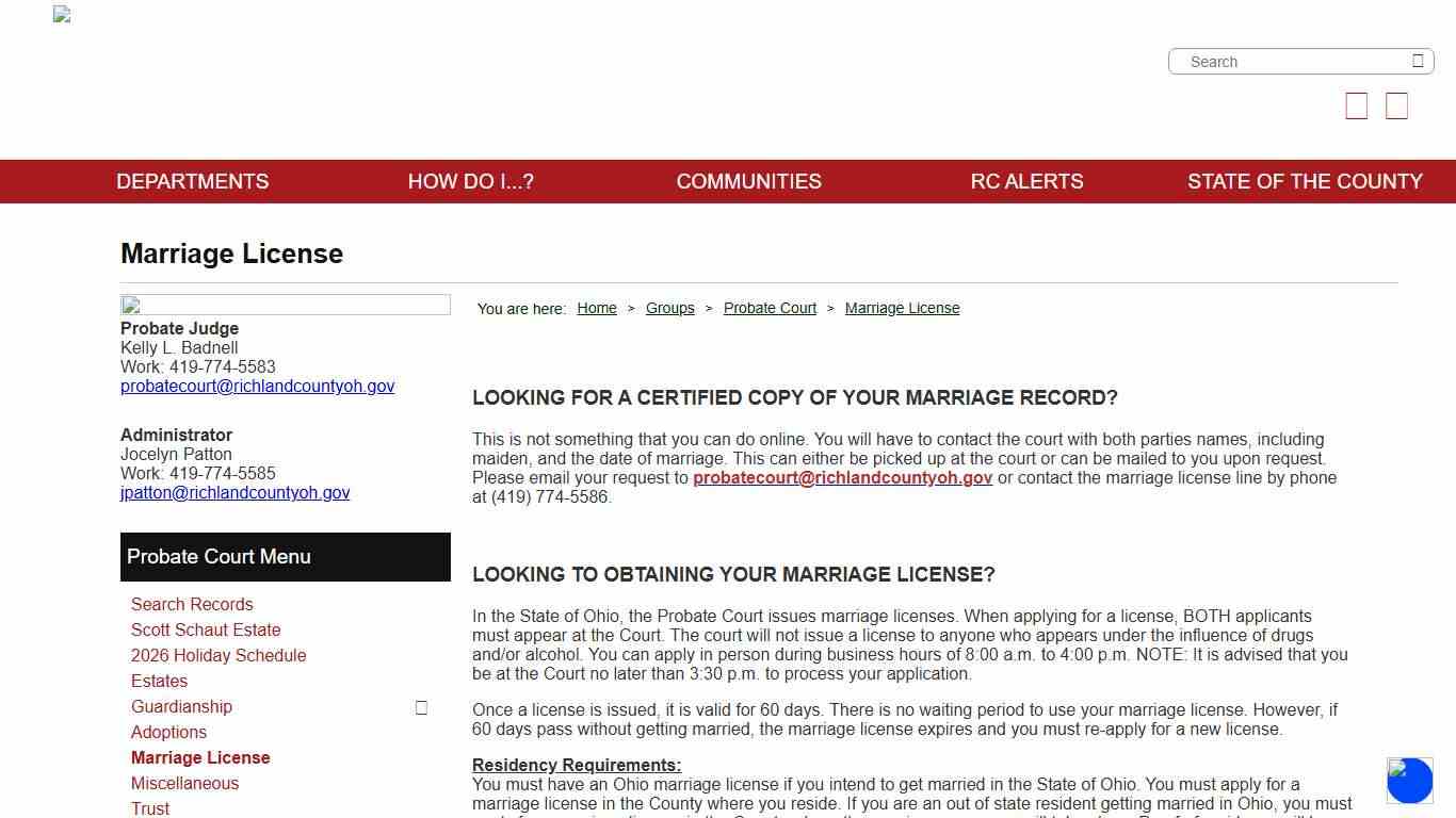 Richland County Ohio - Marriage License